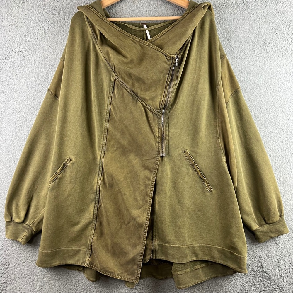 Free People Oversized Asymmetrical Zip Hoodie Jacket Olive Green Small - Picture 2 of 11